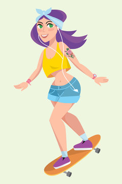 Isolated skater girl. Cool beautiful girl riding on a skateboard or longboard. Summer art. Teenager hipster skateboarder. Active lifestyle.