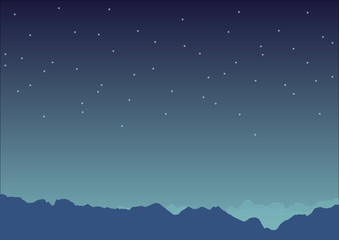 Naklejka premium Night time mountain view with stars on the sky in blue color tone | illustration | backdrop graphic design