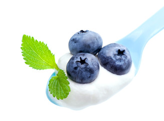 Blueberry on white yogurt and leaves of mint.