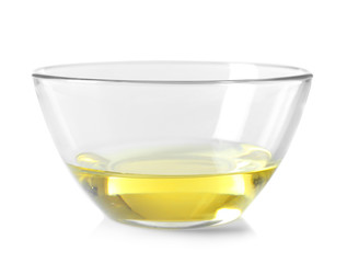Avocado oil in a glass bowl isolated on white