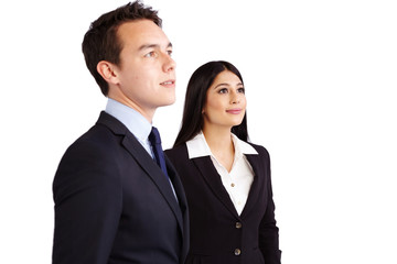 Young male business man and female business woman standing toget