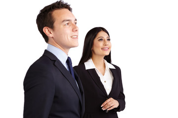 Young male business man and female business woman standing toget