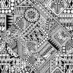 Seamless asian ethnic floral retro doodle black and white pattern in vector.Background with geometric elements. Can be used for wallpaper, pattern fills, coloring books and pages for kids and adults.