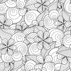 Seamless asian ethnic floral retro doodle black and white pattern in vector. Background with floral elements. Can be used for wallpaper, pattern fills, coloring books and pages for kids and adults.