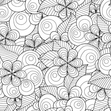 Seamless asian ethnic floral retro doodle black and white pattern in vector. Background with floral elements. Can be used for wallpaper, pattern fills, coloring books and pages for kids and adults.
