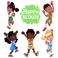 Set of happy kids. Boys and gorls scouts.