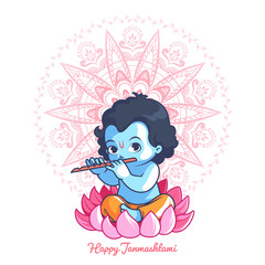 Little cartoon Krishna with a flute on the lotus.