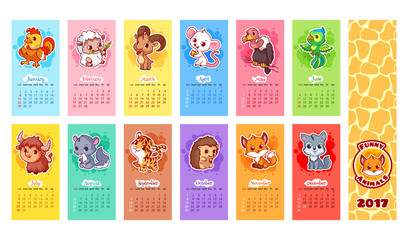 Calendar for 2017 year with animals.