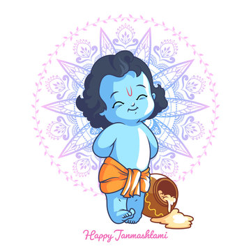 Little cartoon Krishna with a pot of butter.