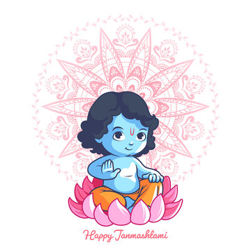 Little cartoon Krishna on the lotus.