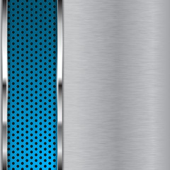 Metal brushed background with blue perforation