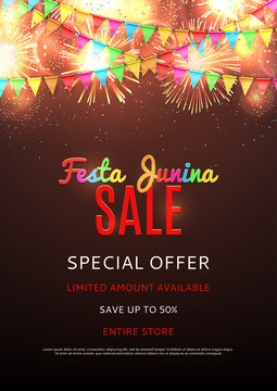 Festa junina sale poster. Beautiful vector background with fireworks and with a garland from flags and confetti for advertising. Vector illustration.
