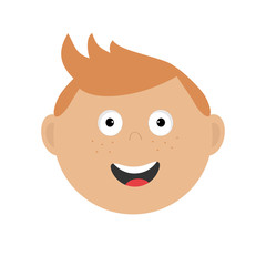 Smiling boy head. Cute cartoon character with red hair and freckles. Baby boy emotion collection. Happy face. Laughing boy icon. White background Isolated Flat design.
