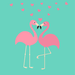 Two pink flamingo couple in love. Hearts. Exotic tropical bird. Zoo animal collection. Cute cartoon character. Decoration element. Flat design. Blue background. Isolated.