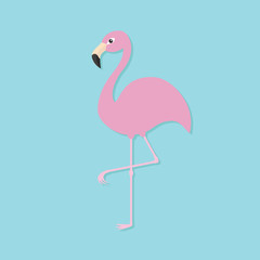 Pink flamingo on one leg. Exotic tropical bird. Zoo animal collection. Cute cartoon character. Decoration element. Flat design. Blue background. Isolated.