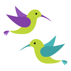 Fototapeta premium Colibri flying bird icon set. Cute cartoon character. Hummingbird logo. Green, blue, violet, color. Isolated White background. Flat design. Baby kids illustration collection.
