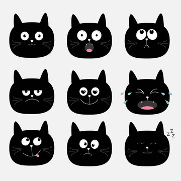 Cute black cat head set. Funny cartoon characters. Emotion collection. Happy, surprised, crying, sad, angry cat. White background. Isolated. Flat design.