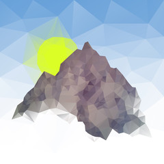 Polygonal mountain on the background of blue sky and sun. Vector illustration in geometric style. Triangular abstract landscape.