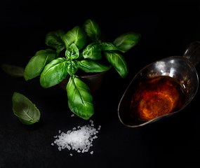 basil, oil and salt   on a black background