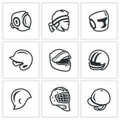 Vector Set of Sports hat, cap and headband Icons. Kudo, Muay Thai, Boxing, Baseball, Motor racing, American Football, Swimming, Hockey, Goalie, Jumping.