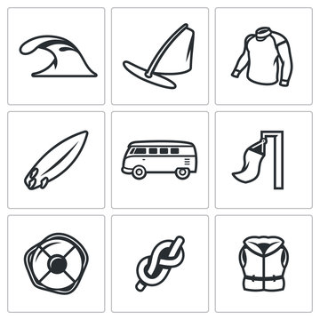 Vector Set of Surfing and Windsurfing Icons. Wave, Board with a Sail, Wetsuit, Surfboard, Minivan, Wind, Lifebuoy, Knot, Life Jacket.