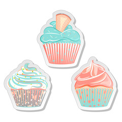 Cupcake stickers, food labels set in pastel colors