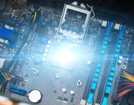 Inside of pc. Motherboard, CPU socket and RAM memory.