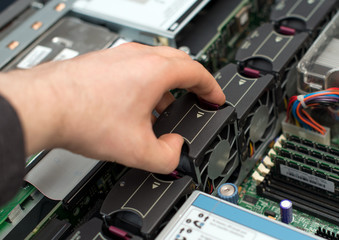 Fototapeta na wymiar Computer technician installing cooler fan into motherboard.