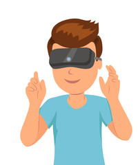 Man in a helmet virtual reality good pastime. Isolated male character in the VR helmet waving his hands