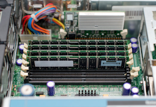 Inside of server pc. Motherboard and RAM memory.