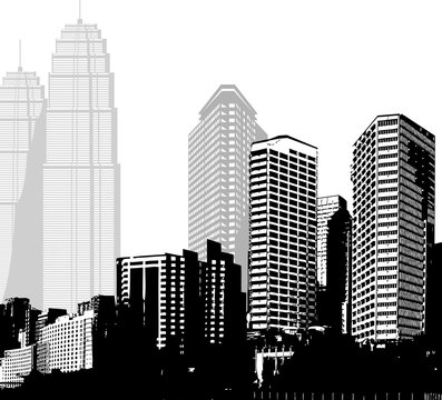 Black and white panorama of skyscrapers.