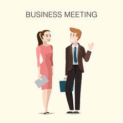 Business meeting illustration with smiling man and woman characters in the office.