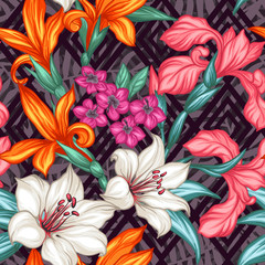 Vector tropical leaves and flowers seamless pattern. Hand painted illustration on geometric background