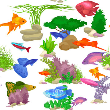 Aquarium fish, seaweed underwater seamless pattern vector illustration