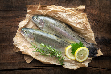 Uncooked trout fish on parchment paper with rosemary and lemon against dark rustic wooden background