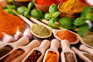 Variety of spices on kitchen table