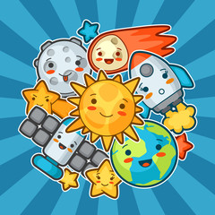 Kawaii space card. Doodles with pretty facial expression. Illustration of cartoon sun, earth, moon, rocket and celestial bodies