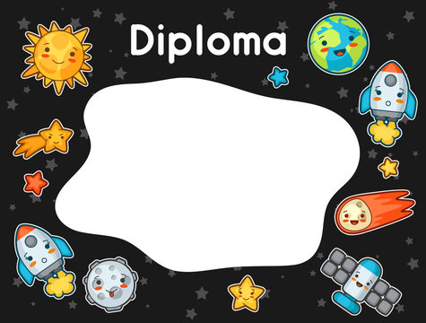 Kawaii space diploma. Doodles with pretty facial expression. Illustration of cartoon sun, earth, moon, rocket and celestial bodies