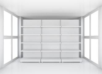 White supermarket retail store shelves in room