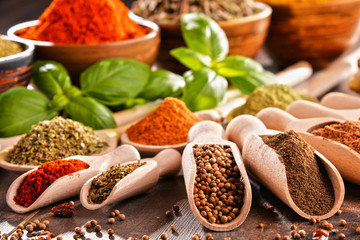 Variety of spices on kitchen table