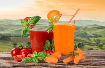fresh juice, mix vegetable, carrot and tomato drinks.