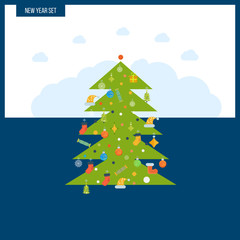 Green stylized Christmas tree. New Year greeting card design. 