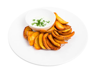 Roast potato wedges with tartar sauce.