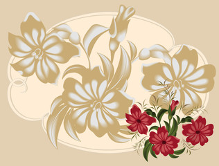 Background with bouquet flowers in retro style. Vintage Greeting Card with Blooming red flowers.
