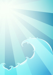 Leaflet with waves, sky and rays. The summer theme vacation. Ready to Print. Front page and back page.