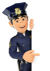 3D Policeman pointing aside. Blank space
