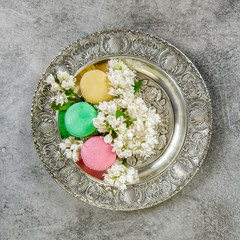 Macaroon cookies flowers. Creative food background