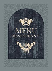 Cover for restaurant menu on the background of the wooden planks on the stone wall