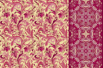 Set of seamless floral pattern and border for design. 