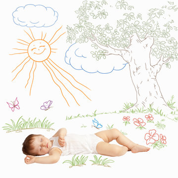 Baby sweet sleeping on a painted nature. Newborn. Infant